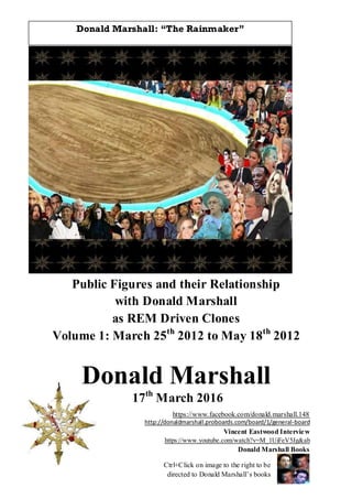 Public Figures and their Relationship
with Donald Marshall
as REM Driven Clones
Volume 1: March 25th
2012 to May 18th
2012
Donald Marshall
17th
March 2016
https://www.facebook.com/donald.marshall.148
http://donaldmarshall.proboards.com/board/1/general-board
Vincent Eastwood Interview
https://www.youtube.com/watch?v=M_1UiFeV5Jg&ab
Donald Marshall Books
Ctrl+Click on image to the right to be
directed to Donald Marshall’s books
Donald Marshall: “The Rainmaker”
 