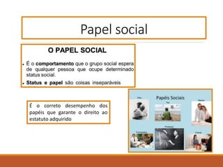 Papel social
É o correto desempenho dos
papéis que garante o direito ao
estatuto adquirido
 