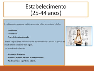 Estabelecimento
(25-44 anos)
À medida que tempo avança, o adulto procura dar solidez ao mundo do trabalho:
◦ Estabilizando
◦ Consolidando
◦ Progredindo na sua ocupação.
Podem surgir questões relacionadas com experimentações e ensaios na procura de
um autoconceito vocacional mais seguro.
Esta situação pode refletir-se:
◦ Na mudança de emprego
◦ Na procura de novos percursos de vida profissional
◦ No abraçar novas experiências laborais.
 
