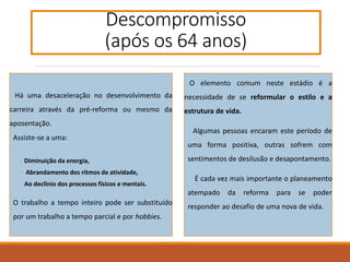 Descompromisso
(após os 64 anos)
Há uma desaceleração no desenvolvimento da
carreira através da pré-reforma ou mesmo da
aposentação.
Assiste-se a uma:
◦ Diminuição da energia,
◦ Abrandamento dos ritmos de atividade,
◦ Ao declínio dos processos físicos e mentais.
O trabalho a tempo inteiro pode ser substituído
por um trabalho a tempo parcial e por hobbies.
O elemento comum neste estádio é a
necessidade de se reformular o estilo e a
estrutura de vida.
Algumas pessoas encaram este período de
uma forma positiva, outras sofrem com
sentimentos de desilusão e desapontamento.
É cada vez mais importante o planeamento
atempado da reforma para se poder
responder ao desafio de uma nova de vida.
 