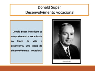 Donald Super investigou os
comportamentos vocacionais
ao longo da vida e
desenvolveu uma teoria do
desenvolvimento vocacional
Donald Super
Desenvolvimento vocacional
 