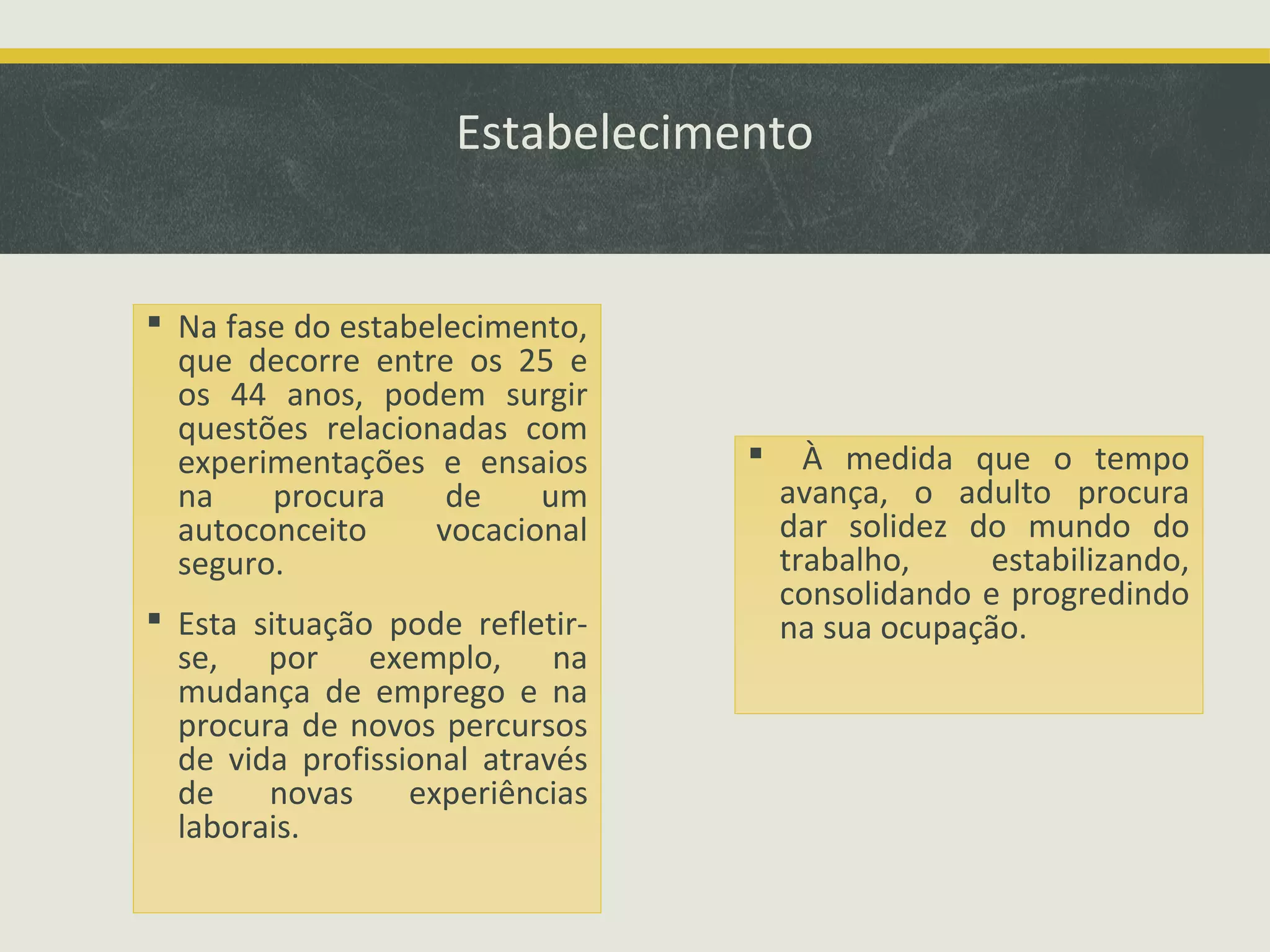 Estabelecimento

 Na fase do estabelecimento,
que decorre entre os 25 e
os 44 anos, podem surgir
questões relacionadas com
experimentações e ensaios
na
procura
de
um
autoconceito
vocacional
seguro.
 Esta situação pode refletirse, por exemplo, na
mudança de emprego e na
procura de novos percursos
de vida profissional através
de
novas
experiências
laborais.



À medida que o tempo
avança, o adulto procura
dar solidez do mundo do
trabalho,
estabilizando,
consolidando e progredindo
na sua ocupação.

 