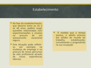 Estabelecimento

 Na fase do estabelecimento,
que decorre entre os 25 e
os 44 anos, podem surgir
questões relacionadas com
experimentações e ensaios
na
procura
de
um
autoconceito
vocacional
seguro.
 Esta situação pode refletirse, por exemplo, na
mudança de emprego e na
procura de novos percursos
de vida profissional através
de
novas
experiências
laborais.



À medida que o tempo
avança, o adulto procura
dar solidez do mundo do
trabalho,
estabilizando,
consolidando e progredindo
na sua ocupação.

 
