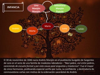 Lino
Manjón
Manjón
Sebastiana
Manjón
Puente
Andrés
Marta
María
Justa Julián
El 30 de noviembre de 1846 nacía Andrés Manjón en el pueblecito burgalés de Sargentes
de Lora en el seno de una familia de modestos labradores : “Nací pobre, viví entre pobres,
careciendo de escuela formal y por esta causa pasé angustias y trastornos”. Fue el mayor
de cinco hermanos, profesando especial cariño por Justa, su confidente y destinataria de
conmovedoras cartas con motivo de la ordenación sacerdotal de Andrés
INFANCIA
 
