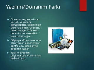 Yazılım/Donanım Farkı
 Donanım ve yazımı insan
vücudu ve ruhuna
benzetebiliriz. Bedenimize
dokunabilirken ruhumuzu
dokunamayız. Ruhumuz
bedenimizin hareketini,
kontrolünü sağlar.
 Bilgisayar dünyasının ruhu
olan yazılım donanımların
kontrolünü, birbirleriyle
iletişimini sağlar.
 Yazılım olmadan
bilgisayardaki donanımları
kullanamayız.
 