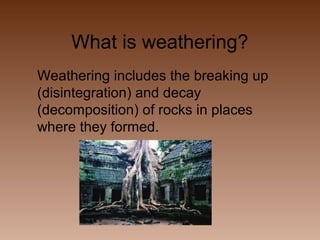 What is weathering?
Weathering includes the breaking up
(disintegration) and decay
(decomposition) of rocks in places
where they formed.

 