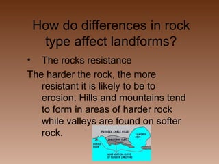 How do differences in rock
type affect landforms?
•

The rocks resistance
The harder the rock, the more
resistant it is likely to be to
erosion. Hills and mountains tend
to form in areas of harder rock
while valleys are found on softer
rock.

 