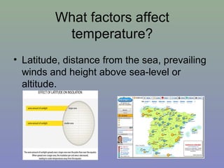What factors affect
temperature?
• Latitude, distance from the sea, prevailing
winds and height above sea-level or
altitude.

 