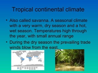 Tropical continental climate
• Also called savanna. A seasonal climate
with a very warm, dry season and a hot,
wet season. Temperatures high through
the year, with small annual range
• During the dry season the prevailing trade
winds blow from the east.

 