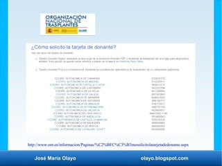 José María Olayo olayo.blogspot.com
http://www.ont.es/informacion/Paginas/%C2%BFC%C3%B3mosolicitolatarjetadedonante.aspx
 