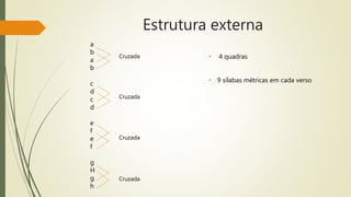 Estrutura externa
a
b
a
b
c
d
c
d
e
f
e
f
g
H
g
h
Cruzada
Cruzada
Cruzada
Cruzada
• 4 quadras
• 9 sílabas métricas em cada verso
 