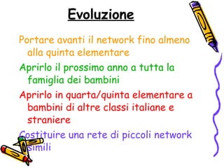 Evoluzione Portare avanti il network fino almeno alla quinta elementare Aprirlo il prossimo anno a tutta la famiglia dei bambini Aprirlo in quarta/quinta elementare a bambini di altre classi italiane e straniere Costituire una rete di piccoli network simili 