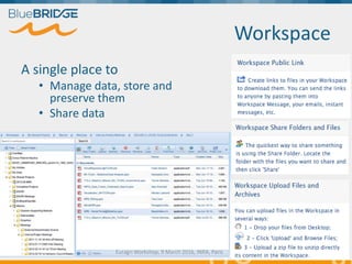 Workspace
A single place to
• Manage data, store and
preserve them
• Share data
Euragri Workshop, 9 March 2016, INRA, Paris
 