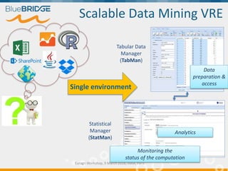 Scalable Data Mining VRE
Tabular Data
Manager
(TabMan)
Statistical
Manager
(StatMan)
Analytics
Data
preparation &
access
Monitoring the
status of the computation
Single environment
Euragri Workshop, 9 March 2016, INRA, Paris
 
