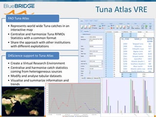 Tuna Atlas VRE
• Represents world wide Tuna catches in an
interactive map
• Centralize and harmonize Tuna RFMOs
Statistics with a common format
• Share the approach with other institutions
with different exploitations
FAO Tuna Atlas
• Create a Virtual Research Environment
• Centralise and harmonise catch statistics
coming from heterogeneous sources
• Modify and analyse tabular datasets
• Visualise and summarize information and
trends
D4Science support to Tuna Atlas
FIC_ITEM NAME_E ALPHA
3CODE
2494 Skipjack tuna SKJ
2496 Albacore ALB
2497 Yellowfin tuna YFT
2498 Bigeye tuna BET
2500 Black marlin BLM
2501 Striped marlin MLS
2503 Swordfish SWO
3296 Atlantic bluefin t BFT
3298 Southern bluefin t SBF
3303 Blue marlin BUM
3305 Atlantic white mar WHM
18734 Pacific bluefin tu PBF
 