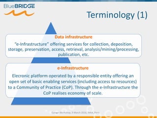 Terminology (1)
Euragri Workshop, 9 March 2016, INRA, Paris
e-Infrastructure
Elecronic platform operated by a responsible entity offering an
open set of basic enabling services (including access to resources)
to a Community of Practice (CoP). Through the e-Infrastructure the
CoP realises economy of scale.
Data infrastructure
“e-Infrastructure” offering services for collection, deposition,
storage, preservation, access, retrieval, analysis/mining/processing,
publication, etc.
 