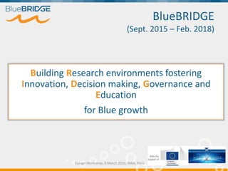 BlueBRIDGE
(Sept. 2015 – Feb. 2018)
Euragri Workshop, 9 March 2016, INRA, Paris
Building Research environments fostering
Innovation, Decision making, Governance and
Education
for Blue growth
 