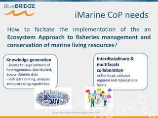 iMarine CoP needs
How to facitate the implementation of the an
Ecosystem Approach to fisheries management and
conservation of marine living resources?
Euragri Workshop, 9 March 2016, INRA, Paris
Interdisciplinary &
multifacets
collaboration
at the local, national,
regional and international
levels
Knowledge generation
- Access to large amount of
heterogeneous, distribuited,
across-domain data
- Rich data mining, analysis
and processing capabilities
 