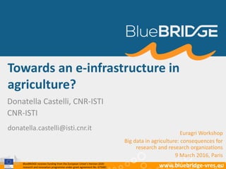 BlueBRIDGE receives funding from the European Union’s Horizon 2020
research and innovation programme under grant agreement No. 675680 www.bluebridge-vres.eu
Towards an e-infrastructure in
agriculture?
Donatella Castelli, CNR-ISTI
CNR-ISTI
donatella.castelli@isti.cnr.it
Euragri Workshop
Big data in agriculture: consequences for
research and research organizations
9 March 2016, Paris
 