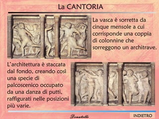 La CANTORIA
                                          La vasca è sorretta da
                                          cinque mensole a cui
                                          corrisponde una coppia
                                          di colonnine che
                                          sorreggono un architrave.

L’architettura è staccata
dal fondo, creando così
una specie di
palcoscenico occupato
da una danza di putti,
raffigurati nelle posizioni
più varie.
                              Donatello                  INDIETRO
 
