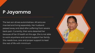 P Jayamma
The last son drives autorickshaw. All sons are
married and living separately. Her husband
passed away and died a...