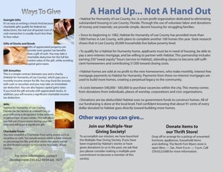 Ways To Give                                           A Hand Up... Not A Hand Out
Outright Gifts                                                 • Habitat for Humanity of Lee County, Inc. is a non-profit organization dedicated to eliminating
It’s as easy as writing a check! And because                   substandard housing in Lee County, Florida. Through the use of volunteer labor and donations
charitable gifts qualify for federal tax                       of money and materials, we provide simple, decent housing for struggling families.
deductions, the real out-of-pocket cost of a
cash transaction is usually much less than
its face value.
                                                               • Since its beginning in 1982, Habitat for Humanity of Lee County has provided more than
                                                               1000 homes in Lee County, with plans to complete another 100 homes this year. State research
Gifts of Stocks and Bonds                                      shows that in Lee County 20,000 households live below poverty level.
                    Gifts of appreciated property can
                    provide even greater tax benefits          • To qualify for a Habitat for Humanity home, applicants must be in need of housing, be able to
                    than a gift of cash. You may take a
                    charitable deduction for the full fair
                                                               pay a zero-interest mortgage, and be willing to partner with Habitat. This partnership includes
                    market value of the gift, while avoiding   earning 250 “sweat equity” hours (service to Habitat), attending classes to become self-suffi-
                    capital gains taxes.                       cient homeowners and contributing $1200 toward closing costs.

Gift Annuities                                                 • Habitat homes are sold at no profit to the new homeowners, who make monthly, interest free
This is a simple contract between you and a charity
(Habitat for Humanity of Lee County), which pays you a
                                                               mortgage payments to Habitat for Humanity. Payments from these no-interest mortgages are
monthly income stream for life. You may fund the annuity       used to build more homes, creating a perpetual legacy to the community.
with cash or securities and you may take an immediate
tax deduction. You can also bypass capital gains taxes         • It costs between $40,000 - $85,000 to purchase vacancies within the city. This money comes
if you fund the gift annuity with appreciated stocks. In       from donations from individuals, places of worship, corporations and civic organizations.
addition, you will receive a significant charitable income
tax deduction.
                                                               • Donations are tax deductible! Habitat uses no government funds to construct homes. All of
Wills                                                          our fundraising is done at the local level. Feel confident knowing that about 91 cents of every
Habitat for Humanity of Lee County,                            dollar donated to Habitat goes directly toward building more homes.
Florida can be named as a beneficiary in
your will using a designated dollar amount
or percentage of your estate. This will allow                  Other ways you can give...
you full use of your assets during your life
time and still leave a significant gift.
                                                                      Join our Multiple-Year                                  Donate items to
Charitable Trusts                                                        Giving Society!                                      our Thrift Store!
You may establish a Charitable Trust using assets such as
                                                               To accomplish our mission, we have launched          Drop off or arrange for a pickup of unwanted
securities or cash. You would receive either a fixed amount
or percentage for life, and after which the assets would
                                                               the Multiple-Year Giving Society. If you have        furniture, appliances, household items
be distributed outright to Habitat for Humanity of Lee         been inspired by Habitat’s stories or have           and clothing. The North Fort Myers store is
County.                                                        given donations to us in the past, we ask that       open Mon. — Sat., from 9 a.m. — 5 p.m. Call
                                                               you please consider making a multiple-year           239.652.0388 for more information.
        For more information, contact                          commitment to become a member of this
     Development 239-652-0434 ext. 1677                        society.
 