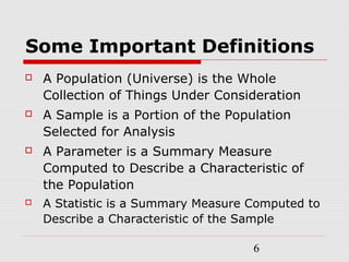 6
Some Important Definitions
 A Population (Universe) is the Whole
Collection of Things Under Consideration
 A Sample is a Portion of the Population
Selected for Analysis
 A Parameter is a Summary Measure
Computed to Describe a Characteristic of
the Population
 A Statistic is a Summary Measure Computed to
Describe a Characteristic of the Sample
 
