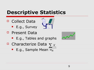 9
Descriptive Statistics
 Collect Data
 E.g., Survey
 Present Data
 E.g., Tables and graphs
 Characterize Data
 E.g., Sample Mean =
iX
n
∑
 