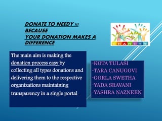-KOTA TULASI
-TARA CANUGOVI
-GORLA SWETHA
-YADA SRAVANI
-YASHRA NAZNEEN
DONATE TO NEEDY !!!
BECAUSE
YOUR DONATION MAKES A
DIFFERENCE
The main aim is making the
donation process easy by
collecting all types donations and
delivering them to the respective
organizations maintaining
transparency in a single portal .
 
