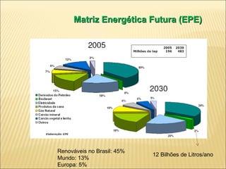 Matriz Energética Futura (EPE) Renováveis no Brasil: 45% Mundo: 13% Europa: 5% 12 Bilhões de Litros/ano 