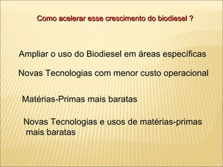 Como acelerar esse crescimento do biodiesel ? Novas Tecnologias com menor custo operacional Matérias-Primas mais baratas Novas Tecnologias e usos de matérias-primas mais baratas Ampliar o uso do Biodiesel em áreas específicas 
