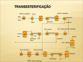 M4 MeOH e MeONa Óleo Seco Vapor Vapor R4 D2 R5 D3 MeOH e MeONa Glicerina Glicerina Biodiesel Biodiesel M5 H 2 O e água quente acidulada D4 Glicerina M6 H 2 O  quente D5 H 2 O Biodiesel Biodiesel úmido Biodiesel Seco Biodiesel Seco M7 C3 R6 M8 R7 E1 Ácido clorídrico Soda Cáustica Soap Stock Glicerina M9 Glicerina Oleína (ácido sulfúrico) H 2 O  e MeOH C4 H 2 O  MeOH SV 