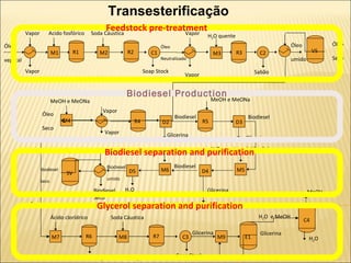 M1 C1 M2 R2 Óleo vegetal Vapor Acido fosfórico Soda Cáustica Vapor Óleo Neutralizado Soap Stock C2 M3 R3 Vapor Vapor H 2 O quente Óleo  umido Sabão  Óleo Seco M4 MeOH e MeONa Óleo Seco Vapor Vapor R4 D2 R5 D3 MeOH e MeONa Glicerina Glicerina Biodiesel Biodiesel M5 H 2 O quente e  ácido cítrico D4 Glicerina M6 H 2 O quente D5 H 2 O Biodiesel Biodiesel umido Biodiesel Seco Biodiesel Seco M7 C3 R6 M8 R7 E1 Ácido clorídrico Soda Cáustica Soap Stock Glicerina M9 Glicerina Oleína (ácido sulfúrico) H 2 O  e MeOH C4 H 2 O  MeOH Feedstock pre-treatment Biodiesel separation and purification Glycerol separation and purification Biodiesel Production Transesterificação R1 VS SV 