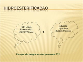 Fatty  Acids Esterification (AGROPALMA) Industrial  Hydrolysis (Known Process) Por que não integrar os dois processos ??? + 