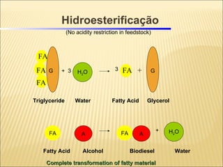 Triglyceride Fatty Acid FA FA  +  FA FA Water Glycerol Hidroesterificação +  3 G H 2 O G 3 FA A FA A H 2 O + Fatty Acid  Alcohol  Biodiesel  Water (No acidity restriction in feedstock) Complete transformation of fatty material 