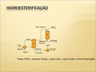 Fatty  Material Steam Glycerol  And water c1 Steam e Glycerol water c2 Biodiesel Methanol Ethanol water Fatty material Teses UFRJ: Jussara Araújo, Layla Leão, Luana Leão e Ana Encarnação 
