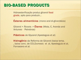 BIO-BASED PRODUCTS Hidroesterificação produz glicerol  food grade , apto para produzir... Ésteres alimentícios  (mono and di-glicerideos) Glicerol + Álcoois ->  Éteres  (Mota, C, Aranda and  Antunes -  Petrobras) Plásticos  de Glycerol (Apesteguia et al) Hidrogênio  da Reforma de Glicerol (baixa temp. , baixa conc. de CO),Dumesic  et  al, Apesteguia et al, Fornasiero et al. 