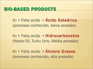 BIO-BASED PRODUCTS H 2  + Fatty acids ->  Ácido Esteárico (processo conhecido, baixa pressão) H 2  + Fatty acids ->  Hidrocarbonetos (Neste Oil, Turku Univ, Média pressão) H 2  + Fatty acids ->  Álcoois Graxos (processo conhecido, alta pressão) 