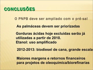 CONCLUSÕES O PNPB deve ser ampliado com o pré-sal As palmáceas devem ser priorizadas Gorduras ácidas hoje excluídas serão já  utilizadas a partir de 2010.  Etanol: uso amplificado 2012-2013: biodiesel de cana, grande escala Maiores margens e retornos financeiros para projetos de oleoquímica/biorefinarias 