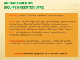 Postdocs : Luciana Camacho, Neyda Om,  Yordanka Reyes Ph D  : Gisel Chenard, Angel Amarales, Jose Sotolongo ,  Rosana Amorim, Chaline Detoni, Marcelo Tondello, Elisa Cruz, Anderson Kurunczi, Jussara Goncalves, Carla Pereira. Ana Paula Duarte, Luciana Rios, Laura Valente, Rodolfo Salazar, Cristiane Mesquita,  Vivian Vicentini M Sc  : Michelle Gomes, Priscila Henriques, Leonardi Almeida,  Margarida Castello, Kevin Buchner Pesquisadores : Ana Encarnação, Luana Leão, Nélder Galvão, Alex Constantino, Cláudia Carvalho, Robson Monteiro, Leôncio Diógenes Empresas : Petrobras, Agropalma, BASF e Evonik-Degussa 