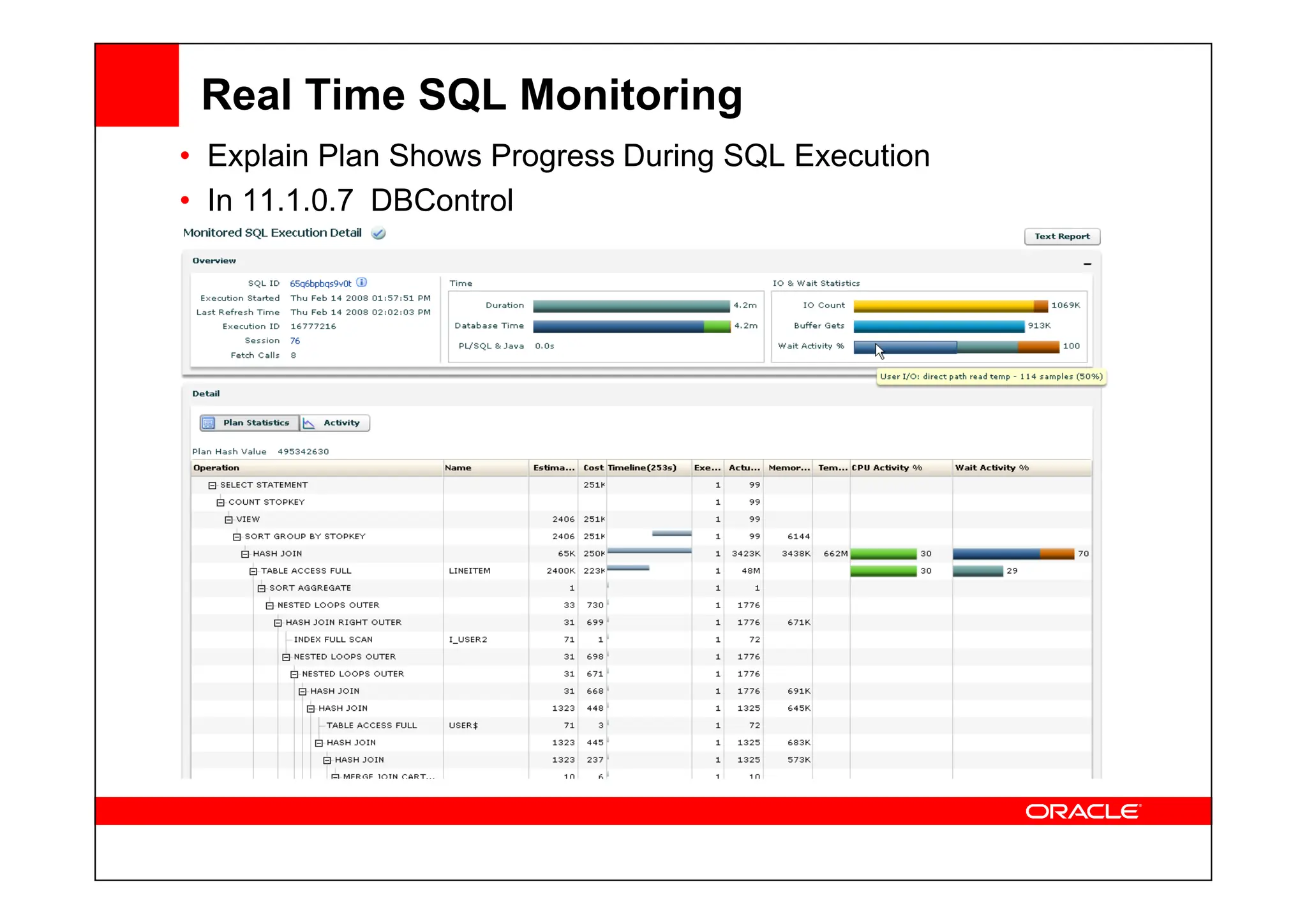 Real Time SQL Monitoring
• Explain Plan Shows Progress During SQL Execution
• In 11.1.0.7 DBControl
 