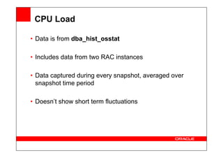 CPU Load
• Data is from dba_hist_osstat
• Includes data from two RAC instances
• Data captured during every snapshot, averaged over
snapshot time period
• Doesn’t show short term fluctuations
 