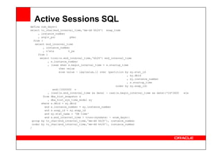 Active Sessions SQL
define num_days=1
select to_char(end_interval_time,'mm-dd hh24') snap_time
, instance_number
, avg(v_ps) pSec
from (
select end_interval_time
, instance_number
, v/ela v_ps
from (
select trunc(s.end_interval_time,'hh24') end_interval_time
, s.instance_number
, (case when s.begin_interval_time = s.startup_time
then value
else value - lag(value,1) over (partition by sy.stat_id
, sy.dbid
, sy.instance_number
, sy.instance_number
, s.startup_time
order by sy.snap_id)
end)/1000000 v
, (cast(s.end_interval_time as date) - cast(s.begin_interval_time as date))*24*3600 ela
from dba_hist_snapshot s
, dba_hist_sys_time_model sy
where s.dbid = sy.dbid
and s.instance_number = sy.instance_number
and s.snap_id = sy.snap_id
and sy.stat_name = 'DB time'
and s.end_interval_time > trunc(sysdate) - &num_days))
group by to_char(end_interval_time,'mm-dd hh24'), instance_number
order by to_char(end_interval_time,'mm-dd hh24'), instance_number
/
 