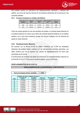 Del análisis sísmico se obtuvieron los desplazamientos absolutos y relativos del
edificio, así como las fuerzas internas en los distintos elementos de la estructura y las
cortantes básales
5.6.1 Fuerzas Cortantes en la Base del Edificio
Dirección de
análisis
V estático
(Tn.)
V dinámico
(Tn.)
80% V estático
(Tn.)
Factor de
ajuste
X-X 285.30 219.06 228.24 1.04
Y-Y 292.50 200.29 234.00 1.17
Como se puede apreciar en los dos sentidos de análisis, el cortante basal obtenido en
el análisis dinámico es menor que el 80% del cortante basal del hallado con el análisis
estático, por lo que será necesario escalar las fuerzas halladas con los factores de
ajuste en cada dirección.
5.6.2 Desplazamientos Máximos
De acuerdo con la Norma E-030 se deben multiplicar por 0.75R los resultados
obtenidos del análisis lineal y elástico con las solicitaciones sísmicas reducidas y se
debe verificar que no se superen los valores de desplazamientos de entre piso
permitidas por la norma.
A continuación se muestran las tablas de verificación de desplazamientos máximos en
la dirección X-X e Y-Y tanto para el análisis estático como el dinámico.
DESPLAZAMIENTOS EN EL EJE X-X
DESPLAZAMIENTOS DE LOS ENTREPISOS - CASO ESTATICO
Deriva de entrepiso máxima permitida 0.007
PISO
Desplaz. del centro
de masas del
edificio
Desplaz. del centro
de masas
inelástico
Altura de
cada piso
Des. Entrepiso
inelástico
Deriva de cada
piso VERIFICACION
7 0.012484 0.05618 2.65 0.00867 0.00327 cumple
6 0.010557 0.04751 2.65 0.00915 0.00345 cumple
5 0.008523 0.03835 2.65 0.00932 0.00352 cumple
4 0.006452 0.02903 2.65 0.00908 0.00343 cumple
3 0.004434 0.01995 2.65 0.00826 0.00312 cumple
2 0.002598 0.01169 2.65 0.00673 0.00254 cumple
1 0.001102 0.00496 3.50 0.00496 0.00142 cumple
29
 