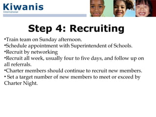 Step 4: Recruiting
•Train team on Sunday afternoon.
•Schedule appointment with Superintendent of Schools.
•Recruit by networking
•Recruit all week, usually four to five days, and follow up on
all referrals.
•Charter members should continue to recruit new members.
• Set a target number of new members to meet or exceed by
Charter Night.
 