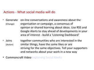 Actions - What social media will do

•   Generate on-line conversations and awareness about the
    (Change) organisation or campaign, a consensus of
             opinion or shared learning about ideas. Use RSS and
             Google Alerts to stay ahead of developments in your
             area of interest - build a ‘Listening Dashboard’
•   Joins      together communities who are interested in the
    (Action)   similar things, have the same likes or are
               striving for the same objectives. Tell your supporters
               and networks about your work in a new way
• Commoncraft Video explaining Social Media
 