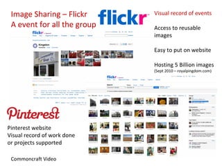 Image Sharing – Flickr      Visual record of events
 A event for all the group   Access to reusable
                             images

                             Easy to put on website

                             Hosting 5 Billion images
                             (Sept 2010 – royalpingdom.com)




Pinterest website
Visual record of work done
or projects supported

 Commoncraft Video
 