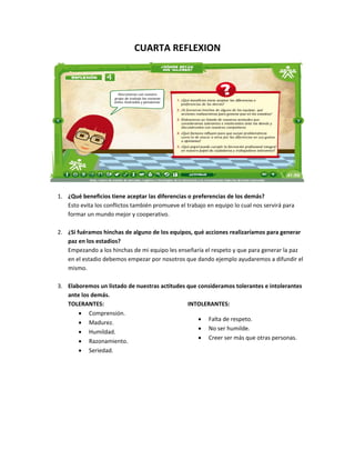 CUARTA REFLEXION




1. ¿Qué beneficios tiene aceptar las diferencias o preferencias de los demás?
   Esto evita los conflictos también promueve el trabajo en equipo lo cual nos servirá para
   formar un mundo mejor y cooperativo.

2. ¿Si fuéramos hinchas de alguno de los equipos, qué acciones realizaríamos para generar
   paz en los estadios?
   Empezando a los hinchas de mi equipo les enseñaría el respeto y que para generar la paz
   en el estadio debemos empezar por nosotros que dando ejemplo ayudaremos a difundir el
   mismo.

3. Elaboremos un listado de nuestras actitudes que consideramos tolerantes e intolerantes
   ante los demás.
   TOLERANTES:                                 INTOLERANTES:
       • Comprensión.
                                                   • Falta de respeto.
       • Madurez.
                                                   • No ser humilde.
       • Humildad.
                                                   • Creer ser más que otras personas.
       • Razonamiento.
       • Seriedad.
 
