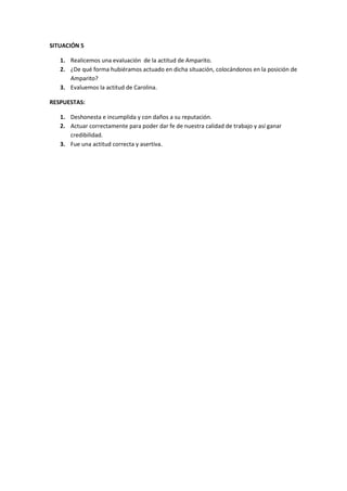 SITUACIÓN 5
1. Realicemos una evaluación de la actitud de Amparito.
2. ¿De qué forma hubiéramos actuado en dicha situación, colocándonos en la posición de
Amparito?
3. Evaluemos la actitud de Carolina.
RESPUESTAS:
1. Deshonesta e incumplida y con daños a su reputación.
2. Actuar correctamente para poder dar fe de nuestra calidad de trabajo y así ganar
credibilidad.
3. Fue una actitud correcta y asertiva.
 
