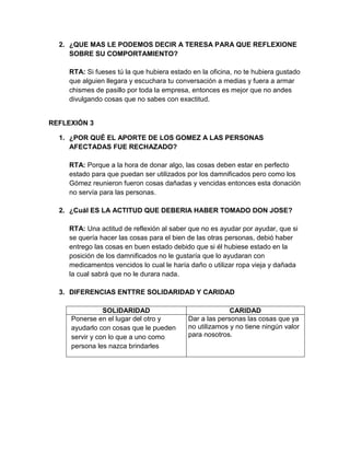 2. ¿QUE MAS LE PODEMOS DECIR A TERESA PARA QUE REFLEXIONE
SOBRE SU COMPORTAMIENTO?
RTA: Si fueses tú la que hubiera estado en la oficina, no te hubiera gustado
que alguien llegara y escuchara tu conversación a medias y fuera a armar
chismes de pasillo por toda la empresa, entonces es mejor que no andes
divulgando cosas que no sabes con exactitud.

REFLEXIÓN 3
1. ¿POR QUÉ EL APORTE DE LOS GOMEZ A LAS PERSONAS
AFECTADAS FUE RECHAZADO?
RTA: Porque a la hora de donar algo, las cosas deben estar en perfecto
estado para que puedan ser utilizados por los damnificados pero como los
Gómez reunieron fueron cosas dañadas y vencidas entonces esta donación
no servía para las personas.
2. ¿Cuál ES LA ACTITUD QUE DEBERIA HABER TOMADO DON JOSE?
RTA: Una actitud de reflexión al saber que no es ayudar por ayudar, que si
se quería hacer las cosas para el bien de las otras personas, debió haber
entrego las cosas en buen estado debido que si él hubiese estado en la
posición de los damnificados no le gustaría que lo ayudaran con
medicamentos vencidos lo cual le haría daño o utilizar ropa vieja y dañada
la cual sabrá que no le durara nada.
3. DIFERENCIAS ENTTRE SOLIDARIDAD Y CARIDAD
SOLIDARIDAD
4. Ponerse en el lugar del otro y
ayudarlo con cosas que le pueden
servir y con lo que a uno como
persona les nazca brindarles

CARIDAD
Dar a las personas las cosas que ya
no utilizamos y no tiene ningún valor
para nosotros.

 